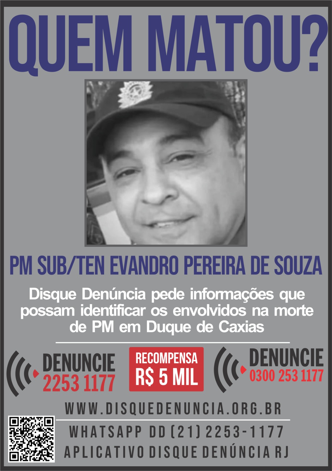 Disque Denúncia divulga cartaz pedindo informações sobre envolvidos em morte de policial de folga em Duque de Caxias